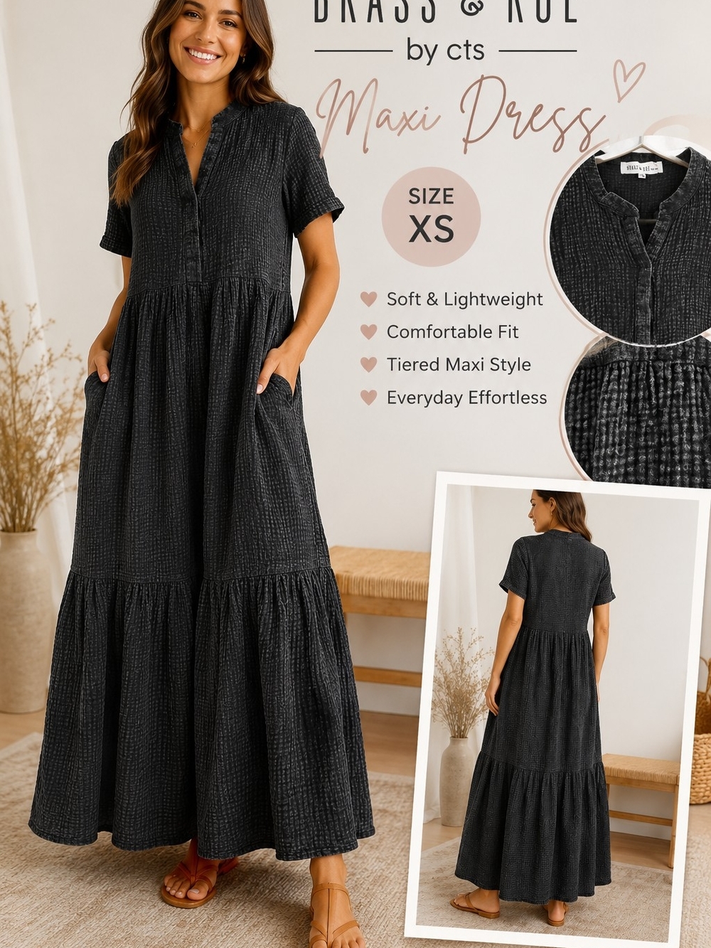 Brass & Roe by CTS Black Short-Sleeve Tiered Maxi Dress
